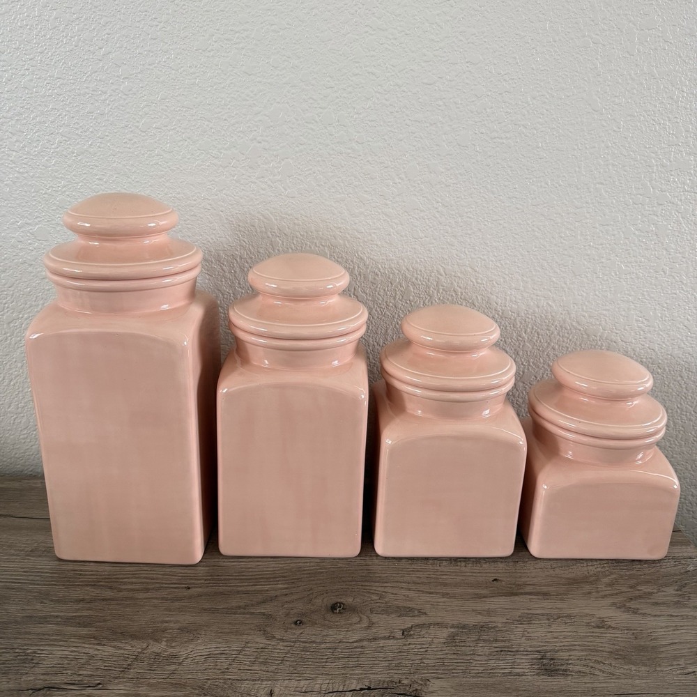 Set Of 4 Vintage MCM Salmon Pink Ceramic Glazed Canisters With Lids 80's? 90's?